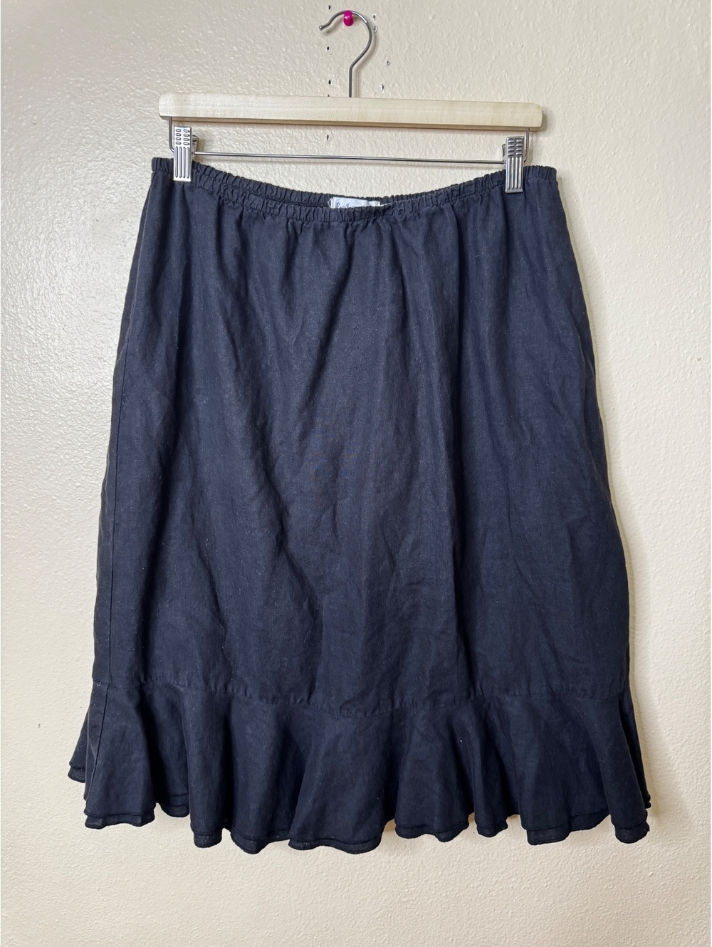 Fresh Produce Womens XL Black 100% Linen A-Line Skirt Elastic Waist Ruffle